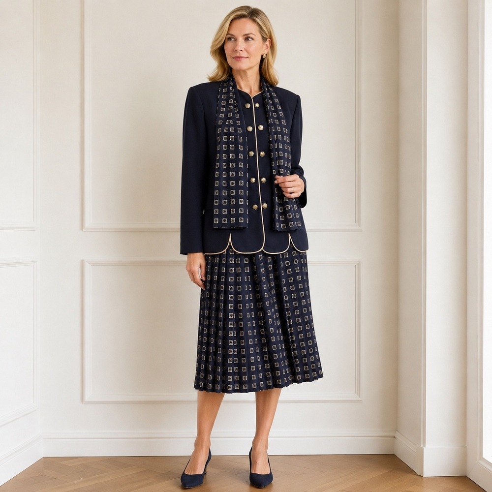 Leslie Fay Vintage Skirt Suit Set Womens Size 10 Navy Blue Pleasted Classic 80s‎